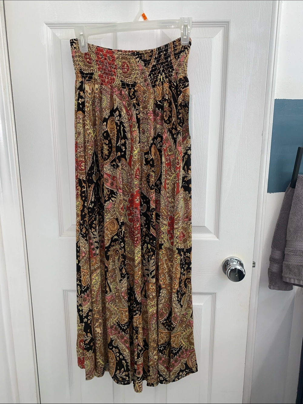 Black Paisley Wide-Leg Maxi Pants with Smocked Waist